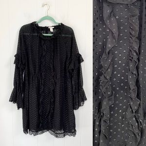 H&M Black Sheer Lined Swiss Dot Long Sleeve Ruffle High Neck Dress Size 14 LBD